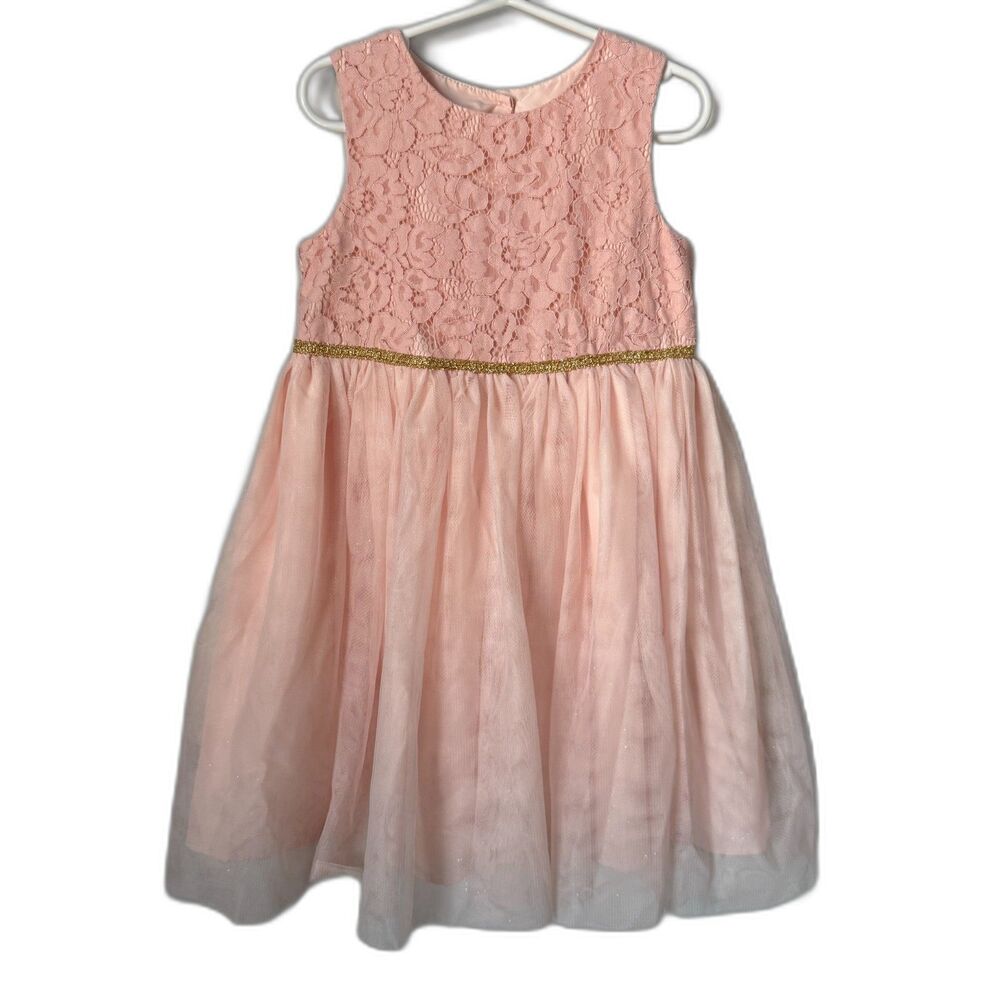 Mia & Mimi Pink Lace Tulle Dress Gold Glitter Waist Formal Party Size 5T